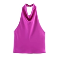 Detail of rose red satin halter top featuring a draped neckline and silky texture - Rose Red