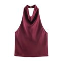 Elegant wine red satin halter top with a cowl neck and smooth silk texture on white background - Burgundy