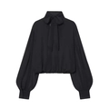 Blouse élégante en mousseline noire avec col à nœud papillon et manches lanternes pour femme - Noir