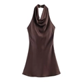 Elegant chocolate brown satin cowl neck sleeveless mini dress with high glossy finish - XS / Dark Brown