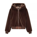 Deep brown plush zip-up hoodie with soft texture and ribbed cuffs for cozy autumn wear - S / Coffee