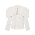 Weiße langärmelige Blazerjacke mit Cape-Ausschnitt und eleganten goldenen Knöpfen - S / Weiß