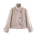 Women's short wool blend jacket in beige with high stand collar and asymmetric buttons - XS / Beige