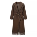 Dark brown wool coat with fringe trim and waist tie belt for a bohemian autumn style - S / Tops / Coffee