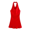 Detail view of red satin halter neck dress with elegant cowl neckline draped texture - Red