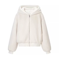 Women's cream faux fur hooded jacket with zipper closure and elastic ribbed cuffs - S / White