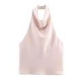 Dettaglio del top a lupetto in raso rosa champagne con elegante scollo a cappuccio - XS / Champagne