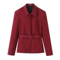 Klassischer burgunderroter Damen-Taille-Blazer mit verstellbarem Gürtel und Reverskragen - S / Burgunderrot