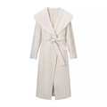 Elegante cappotto lungo in lana crema con collo a scialle e cintura in vita - S / Bianco