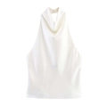 Dettaglio del top a lupetto in raso bianco con scollo drappeggiato e bottone posteriore - XS / Bianco