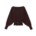 Pull élégant en maille marron foncé avec ceinture noire et ourlet à basque volanté - S / café
