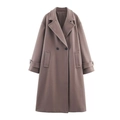 Detailed close-up of camel wool coat featuring a notched lapel and double-breasted buttons - Coffee Gray