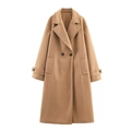 Detail of camel wool coat showing large lapel, double-breasted buttons and side pockets - Khaki