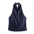 Close-up of navy blue satin halter top with elegant cowl neck draping and silky texture - Navy Blue