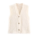 Women's cream fuzzy V-neck knit vest with marble buttons and plush mohair texture - S / Milky White