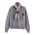 Gray knitted cardigan and scarf set featuring embroidered Scottish terrier designs - S / Gray