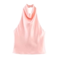 Detail of pink satin halter top featuring an elegant cowl neck and silky drape texture - Light Pink
