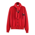 Red knit cardigan and scarf set featuring embroidered Scottish Terrier dog motifs - S / Red