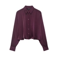 Vintage bordeauxrote Satin-Kurzbluse für Damen mit Langarm und gerafftem Saum-Detail - XS / Burgunderrot