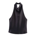 Detail of elegant black silk halter top featuring cowl neck and smooth satin texture - Black