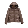 Damen Steppjacke aus braunem Kunstleder mit Kapuze und Reißverschluss für den Winter - Braun