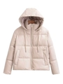 Detail of beige faux leather hooded puffer jacket with quilted seams and drawstrings - XS / Apricot