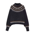 Maglione in maglia grigio antracite con motivi jacquard geometrici bianchi e marroni - S / Nero carbonio