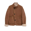 Damen Wendejacke in Braun aus Wildlederimitat mit warmem Fleece und hohem Kragen - XS / Bernstein