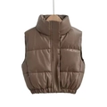 Short quilted brown faux leather puffer vest with high stand collar and elastic hem - Camel