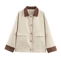 Chaqueta de ante beige con cuello y puños marrones en contraste y bolsillos grandes - XS / Blanco Roto