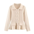 Beigekleurig double-breasted vest met wafelbreisel, reverskraag en zakken - S / Abrikoos