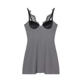Abito corto grigio attillato sexy con scollo a V in pizzo nero e dettagli in velluto - S / Grigio