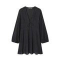 Elegante vestido maxi negro con cuello en V, manga larga y cinturón ajustable en cintura - XS / Negro