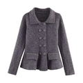 Detailed view of dark grey double-breasted knit cardigan with lapel and pocket flaps - Dark Gray