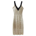 Funkelndes champagnergoldenes Pailletten-Minikleid mit schwarzem Spitzenbesatz am V-Ausschnitt - S / Gold