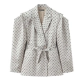 Gepunkteter Blazer in Creme mit schwarzen Punkten, Reverskragen und passendem Taillengürtel - S / Wie gezeigt