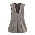 Elegante abito grigio smanicato in misto lana con scollo a V, gonna a pieghe e zip posteriore - XS / Grigio