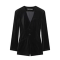 Elegant black velvet V-neck short blazer romper with decorative front buttons and pockets - XS / Black