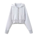 Women's light gray cropped zip-up hoodie featuring a drawstring hood and ribbed cuffs - Top (Light Gray Hoodie A03)