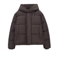 Chaqueta acolchada corta marrón oscuro para mujer con capucha y acolchado ancho - XS / café
