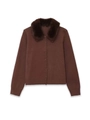 Detail of the brown knit cardigan showing the plush faux fur collar and button closure - S / Dark Brown
