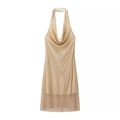 Champagne gold halter dress with deep V cowl neck and sparkling mesh for party wear - S / Champagne Gold