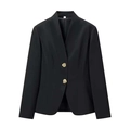 Detail of black slim-fit blazer featuring gold vintage buttons and elegant collarless V-neck - S / Tops / Black