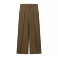Pantalones de mujer de talle alto y pernera ancha en marrón oliva con pliegues y bolsillos - S / Pantalón Oliva