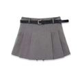 Women's gray pleated high-waisted mini skirt with a black faux-crocodile leather belt - S / Gray