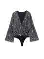 Dettaglio delle paillettes argento verticali sul body con scollo a V profondo - XS / Grigio