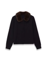 Detail of black knit cardigan featuring a detachable brown faux fur collar and buttons - S / Black