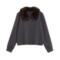 Elegant dark grey knit cardigan for women featuring a plush brown faux fur collar decoration - S / Dark Gray