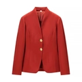 Detail eines roten Blazers mit tiefem V-Ausschnitt und dekorativen Goldknöpfen auf Weiß - S / Rotes Oberteil