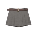 Falda pantalón de mujer de talle alto en espiga gris con pliegues y cinturón metálico - XS / Gris